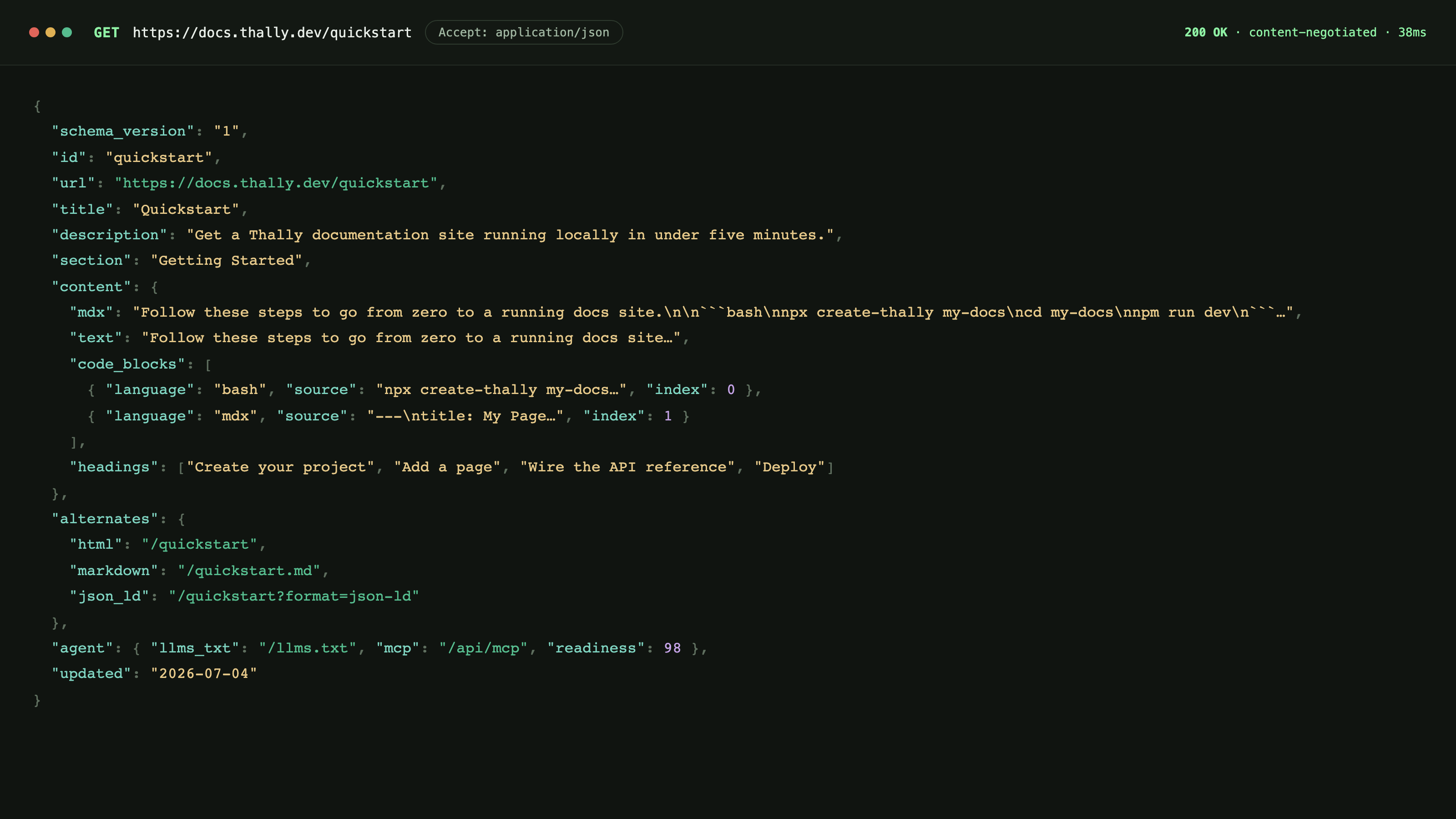 A Thally page served as structured JSON for AI agents